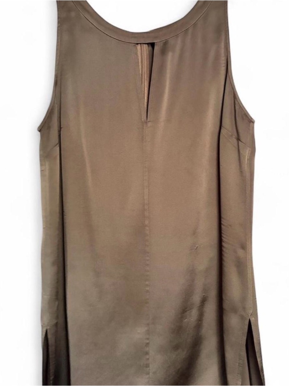 W by Worth olive-green satin dress label visible